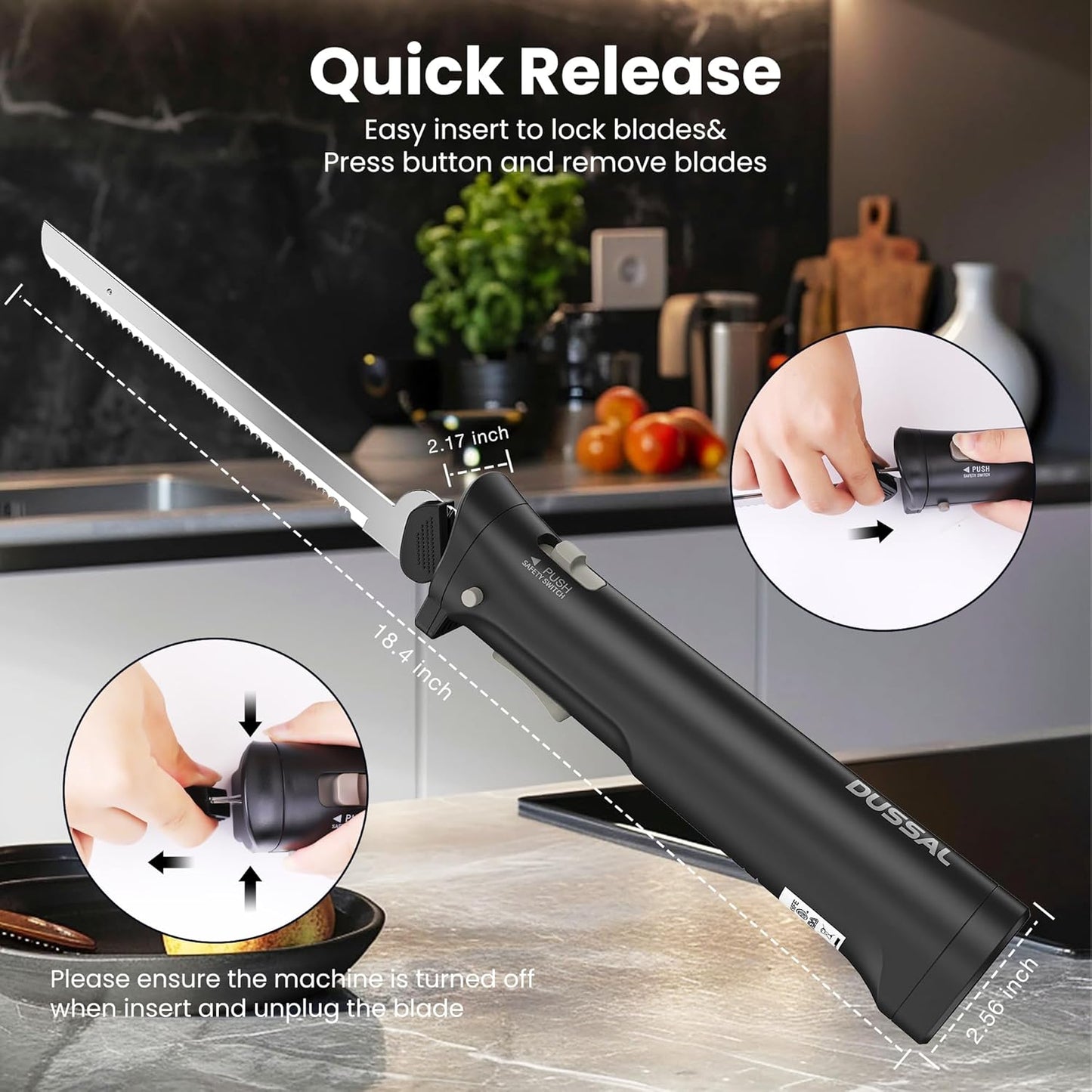 DUSSAL Cordless Electric Knife, Electric Bread Knife with 4 Stainless Steel Blades, Safety Lock Switch, Blade Release Buttons, On/Off button, Cutting Meats, Fish, Poultry, Bread, Cheese & More (Black)
