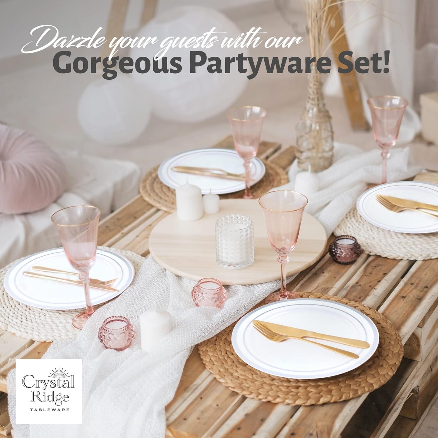 120-Piece Dinner Plastic Plates Set Premium 120 Dinner Plates, Disposable Plates for Party - White Plastic Wedding Plates with Silver Rim