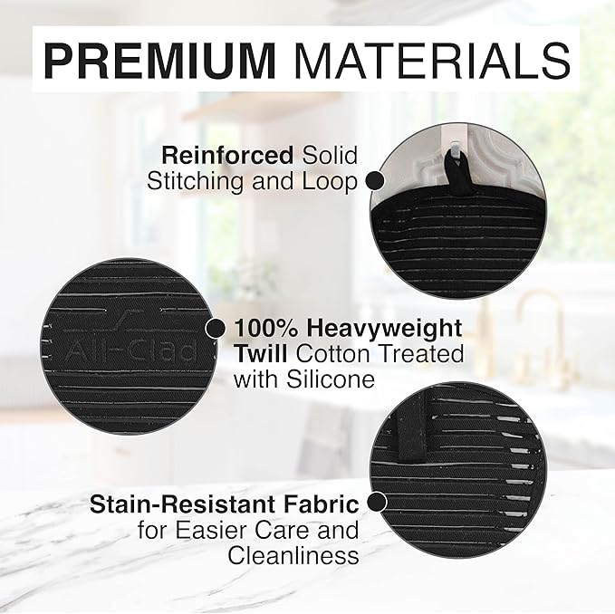 All-Clad Premium Pot Holder & Hot Pad: Heat Resistant to 500 Degrees - 100% Cotton, 10""x6.25"" Hot Pad for Kitchen and Barbeque, (2-Pack), Black