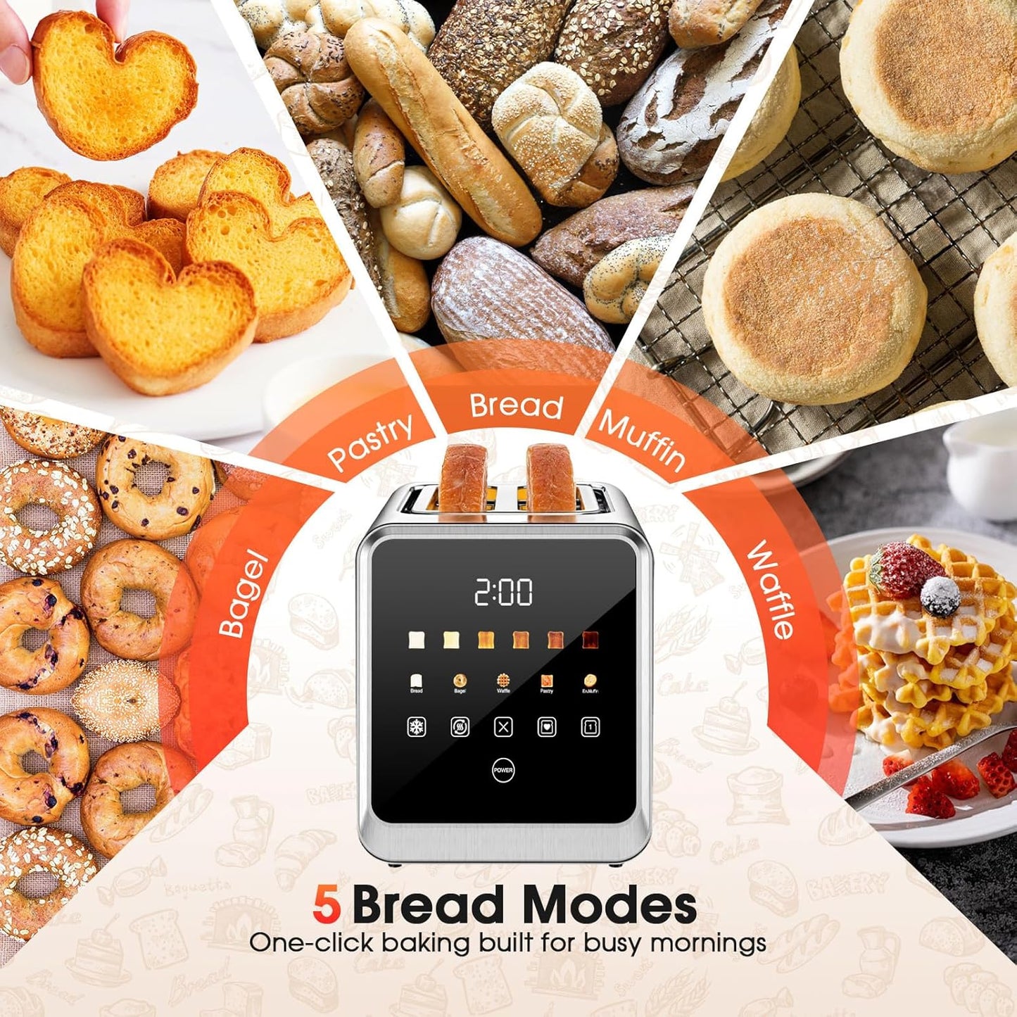 Touch Screen Toaster 2-Slice with 1.5" Wide Slots & Memory Recall | 900W Stainless Steel Smart Digital Toasters | 6 Shade Settings for Bagels & Thick Bread