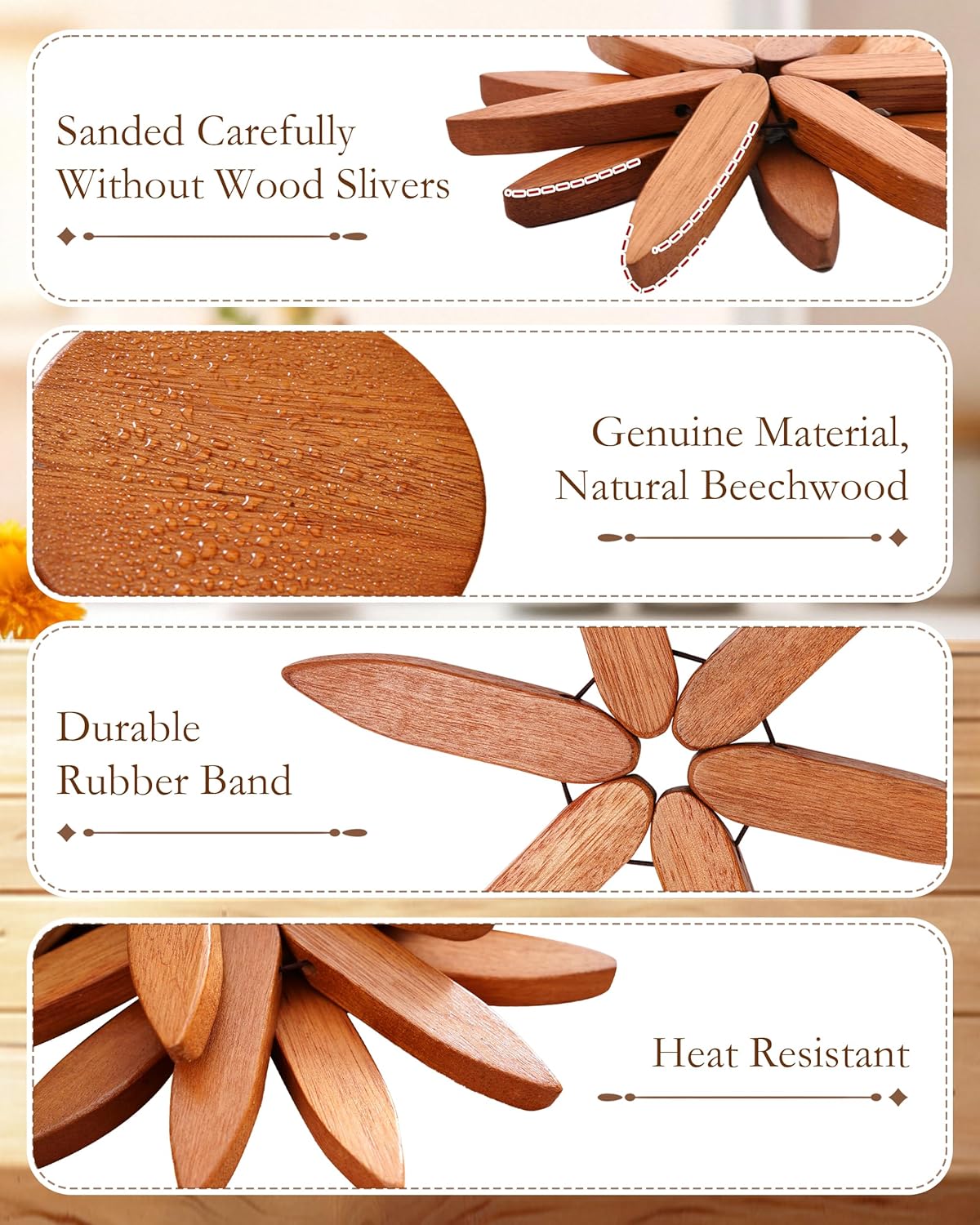 Tree-Shaped Placemats, Foldable Heat Resistant Anti-Stain Wood Trivet for Hot Dishes Pans, All-in-1 Set, 3PCS Easy-Cleaning Walnut Wood + Stand Coasters