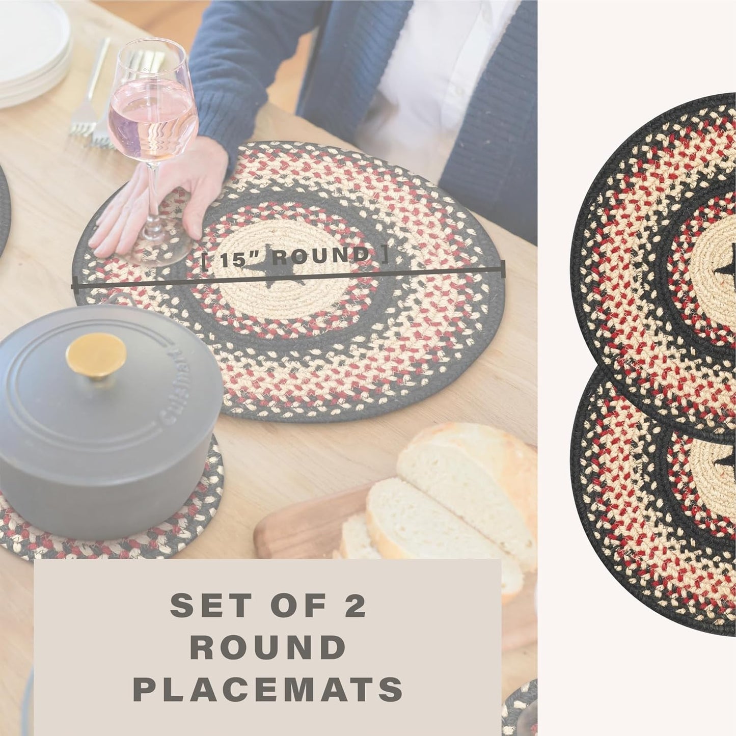 Primitive Star Gloucester Round Braided Placemats, Warm Primitive Decor, Set of 2, 15" Black and Red Jute Table Mats - Vibrant Colors, Durable, Easy to Clean and Protects Furniture