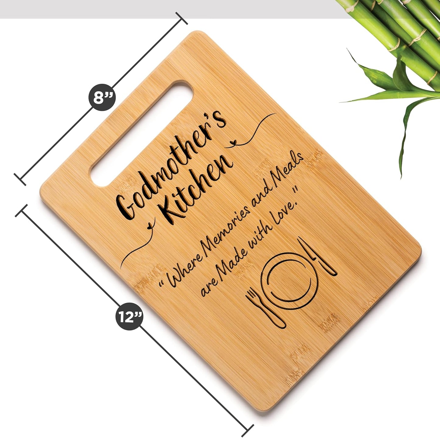 Gift for Godmother: Godmother's Kitchen Where Memories and Meals Are Made - Decorative Bamboo Cutting Board with Handle, 12" x 8"