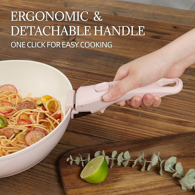 23Pcs Ceramic Cookware Set Non Stick Pots and Pans Set Non Toxic with Detachable Handle Induction Kitchen Cookware Set Space Saving, Oven & Dishwasher Safe, Pink