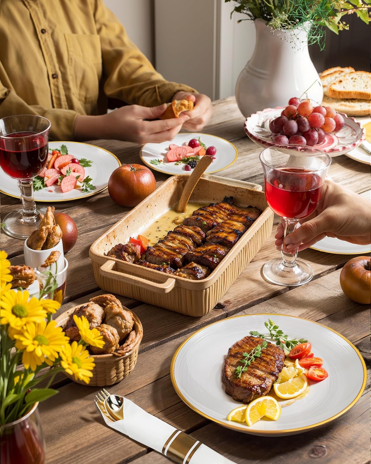 Morejoy 350PCS Pearl White and Gold Plastic Plates - Disposable Gold Party Plates & Pre Rolled Napkins with Cutlery for 50 Guests, 100Plates, 150Silverware, 50Cups, 50Napkin for Party & Thanksgiving