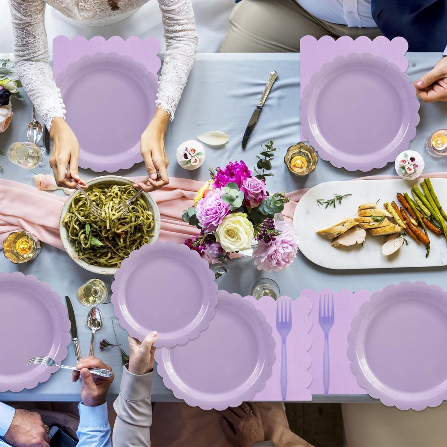 75Pcs Purple Paper Plates-7IN Solid Color Scalloped Disposable Birthday Dinnerware Dinner Party Plates Nakpins Forks for Graduation Baby Shower Bridal Wedding Birthday Party Table Decor-25 Guests