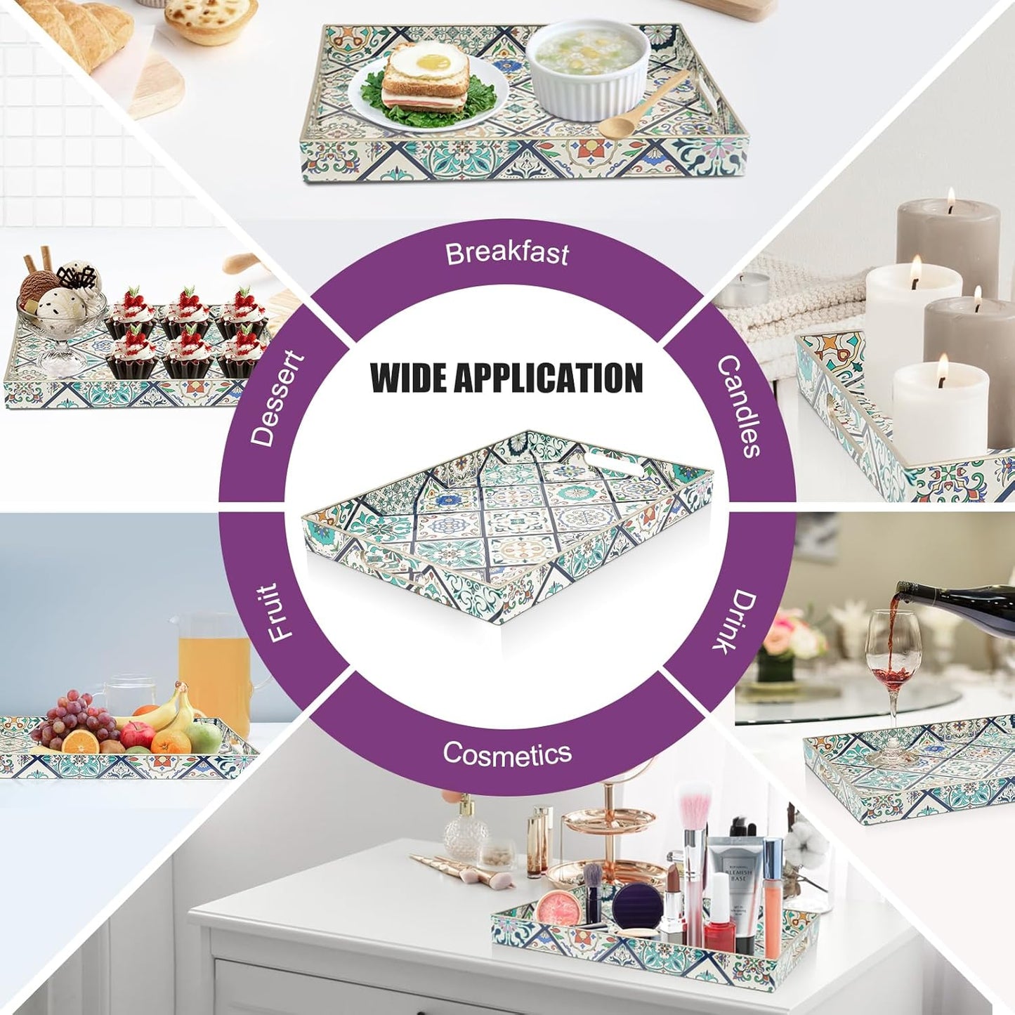 Gifturbo Serving Tray with Handles, Plastic Decorative Rectangular Tray for Coffee Table, Living Room, Home Decor, Outdoor Trays,Serving Breakfast Kitchen Platter,Boho