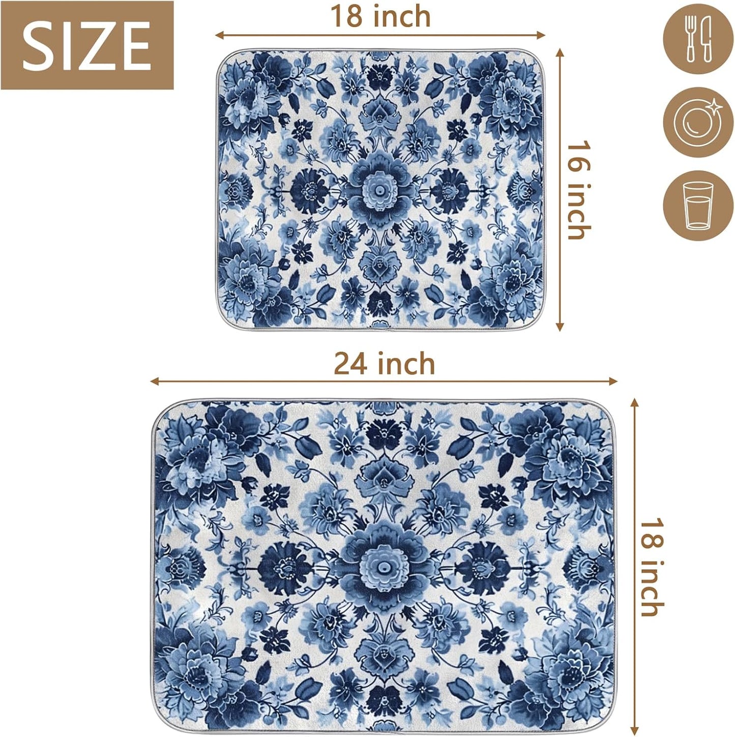 Dish Drying Mat for Kitchen - Blue Flower Print Microfiber Kitchen Mat, Watercolor Non-Slip Absorbent Sink & Countertop Protector, Reusable for Dishes Bowl Cup Pan 18x24 Inches