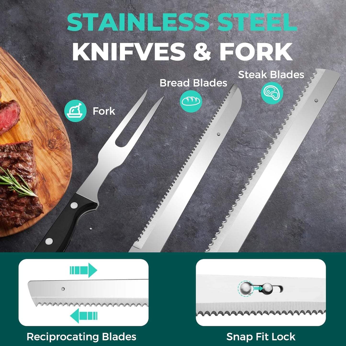 HAUSHOF Cordless Electric Knife Set for Meat Slicing, 8V Electric Carving Knife for Fish, Bread, Turkey, Rechargeable Meat Cutter with Reciprocating Stainless Steel Blades, Safety Lock & Storage Case