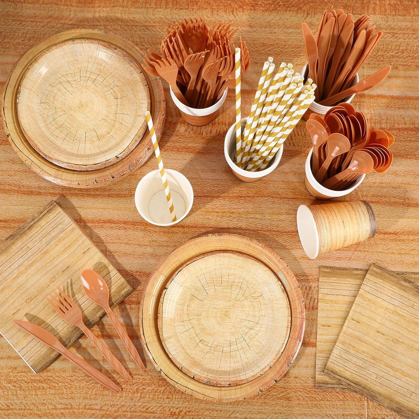 Sawysine 202 Pcs Wood Grain Party Supplies Disposable Dinnerware Set 50 Plates 25 Cups 25 Napkins 25 Plastic Forks 25 Knives 25 Spoons 25 Straw Flag Tablecloth to Serve 25 Guests