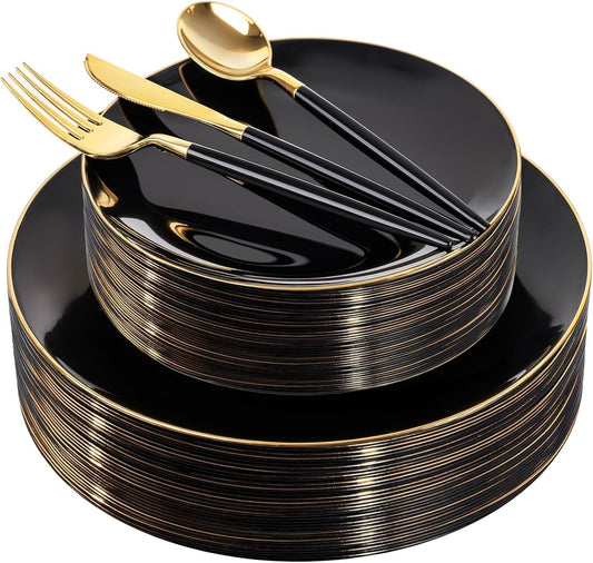 DaYammi 150Pcs Black Plastic Plates with Gold Silverware,Black Disposable Plates Set Included 30 Dinner Plate,30 Dessert plate,30 Knives,30 Forks,30 Spoons,black and gold plates for Halloween Party