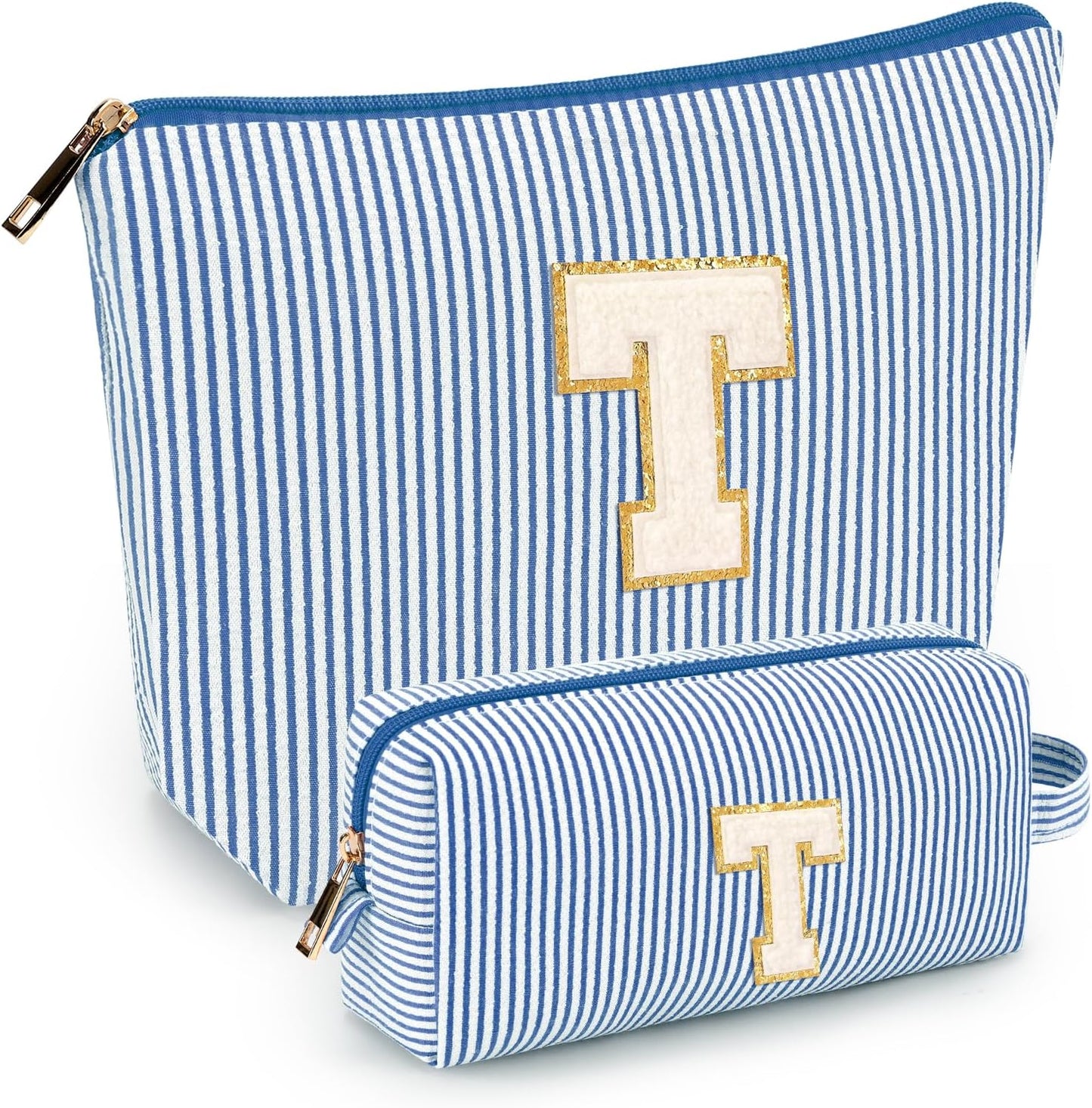 2 PCS Initial Makeup Bags for Women: Cosmetic Bag for Travel Toiletry - Birthday Gifts for 11 12 13 14 15 16 17 18 Years Old Girl Graduation Teacher Gift- Teen Girl Gifts Trendy Stuff - Blue T