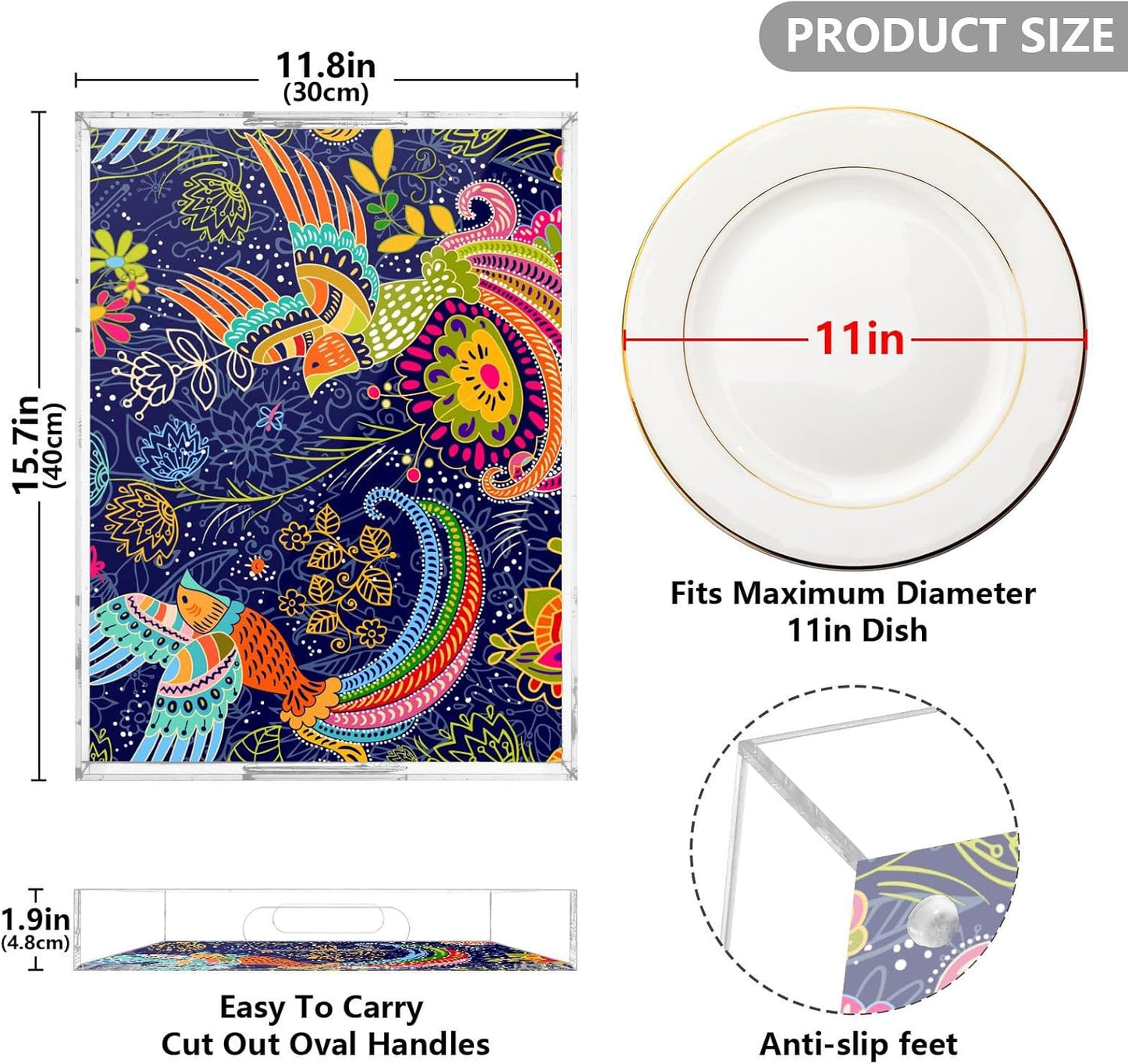 Acrylic Serving Tray with Handles Spill Proof Kitchen Storage Tray Clear Decorative Tray Makeup Drawer Organizer Storage Tray for Bathroom Living Room Ottoman 15.7x11.8Inches