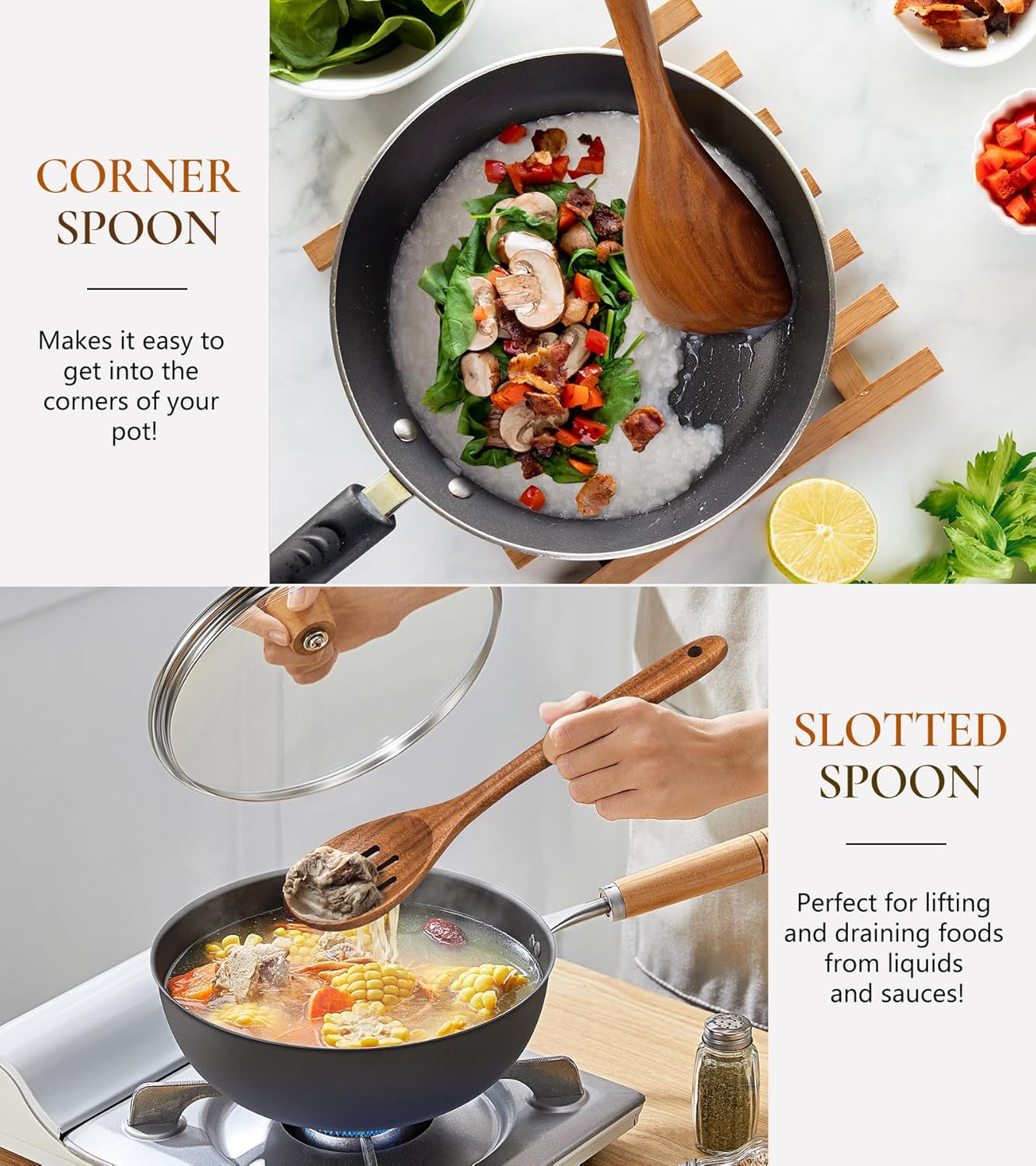 2Pcs Wooden Spoons for Cooking, Natural Premium Teak Wood Corner Spoon & Slotted Spoon, Good Grip Large Cooking Spoons Spatula, Heat Resistant Wooden Kitchen Cooking Utensils Set for Nonstick Cookware