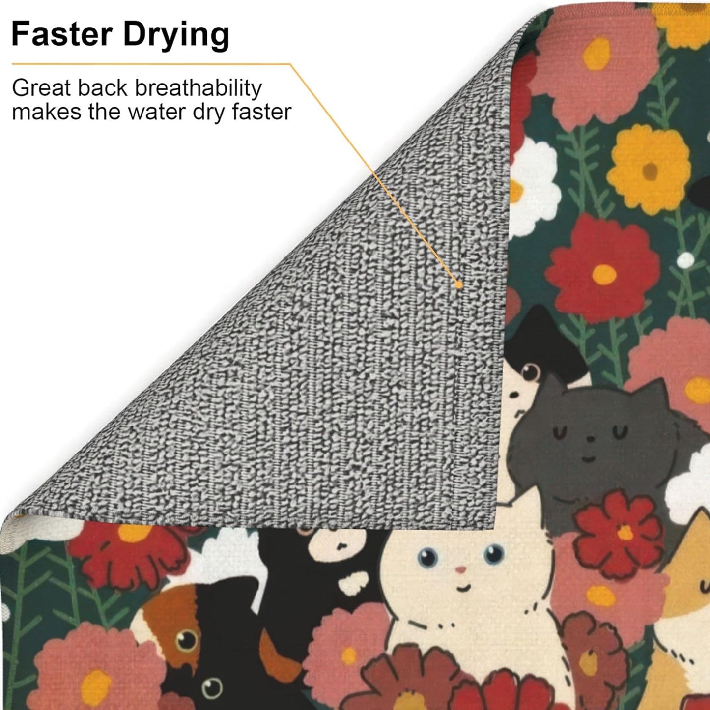 Cute Cat Flowers Dish Drying Mat 16x18 Inch, Microfiber Absorbent Fast Dry Mat Colorful Floral Large Dish Mat Drying Kitchen Mat, Kitchen Drying Pad for Kitchen Counter Coffee Bar Decor Gifts