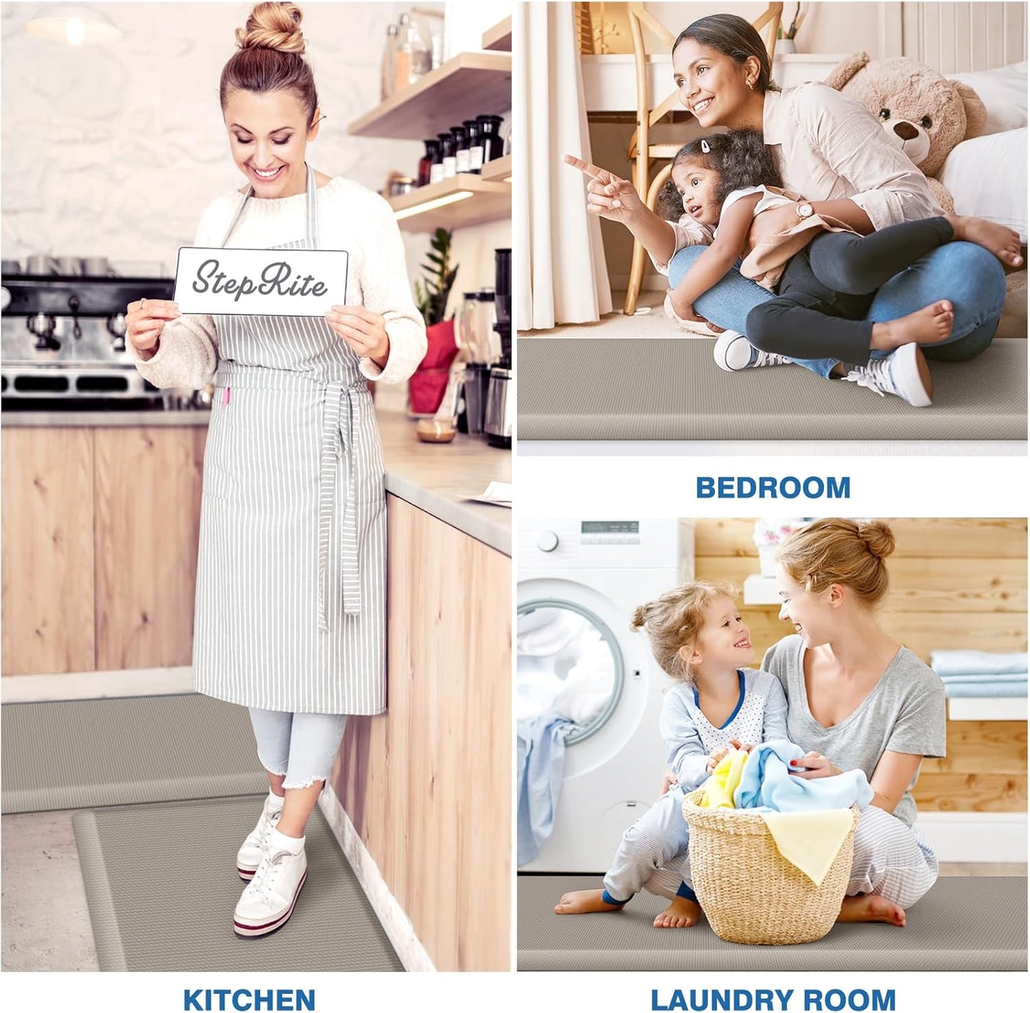 StepRite Kitchen Mats, 2PCS Kitchen Rugs, Cushioned Anti Fatigue Kitchen Mats for Floor, Non-Slip Standing Desk Mat, Waterproof Kitchen Rug Set for Kitchen, 20" x 32"+20" x 72"-Full 1 inch Thick,Khaki