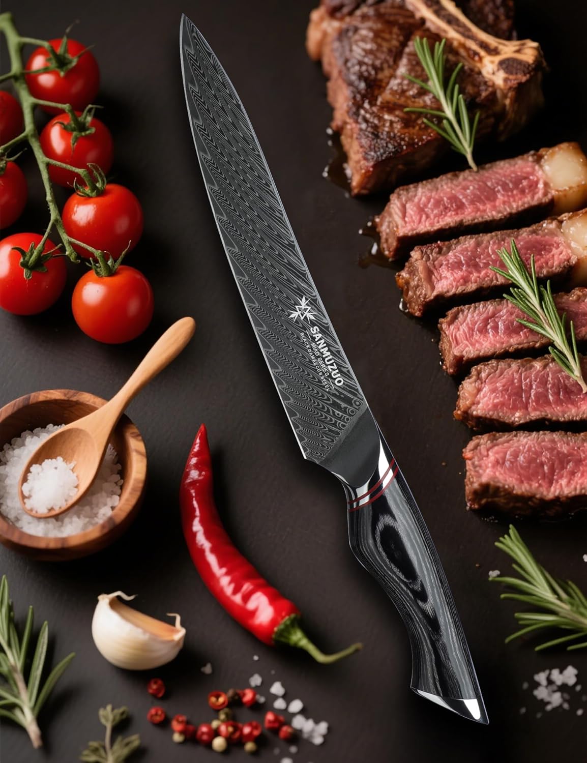 8 Inch Carving Knife, Slicing Knife - Black Damascus Steel with Ergonomic Handle - MIAO Series