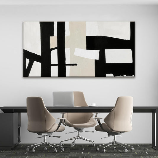 QSQ Large Abstract Wall Art, 29 x 58 Inch, Modern Painting, Black White, Living Room, Office, Bedroom Decor