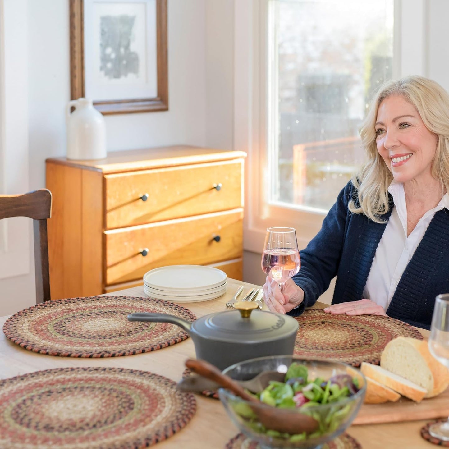 Gingerbread Round Braided Placemats, Warm Country Decor, Set of 2, 15", Brown Jute Table Mats - Vibrant Colors, Durable, Easy to Clean and Protects Furniture