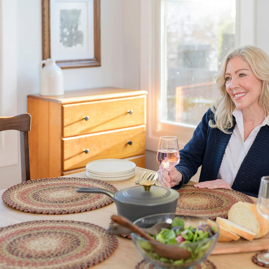 Gingerbread Round Braided Placemats, Warm Country Decor, Set of 2, 15", Brown Jute Table Mats - Vibrant Colors, Durable, Easy to Clean and Protects Furniture