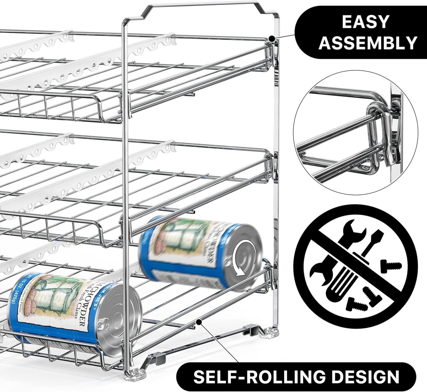 Simple Houseware Stackable Can Organizer Rack for Pantry/Cabinet – 11.5" D x 17" W x 13.75" H, Holds 36 Cans, 3-Tier Can Food Storage Dispenser, Chrome