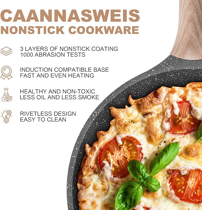 Caannasweis Nonstick Granite Frying Pan Skillet, Non Stick Omelette Fry Pans, Omelet Egg Pan, Stone Cookware Chef's Pan, Induction Compatible, PFOA Free (Gray, 12 Inch with Lid)