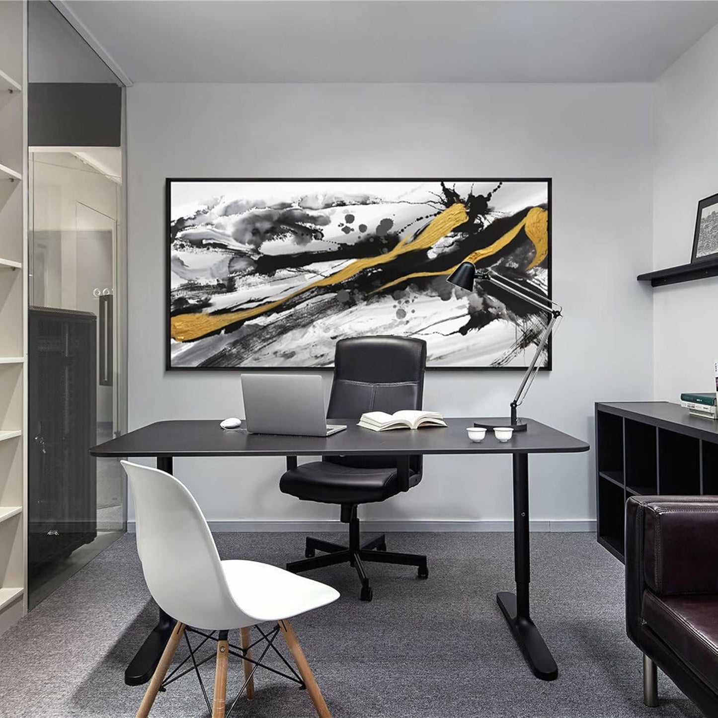 XLSJERST Black and White Abstract Wall Art - Large Frame Canvas Wall Art for Living Room Bedroom Modern Gold Ink Painting Style Picture Artwork for Wall Decor Size 29x58 Inches