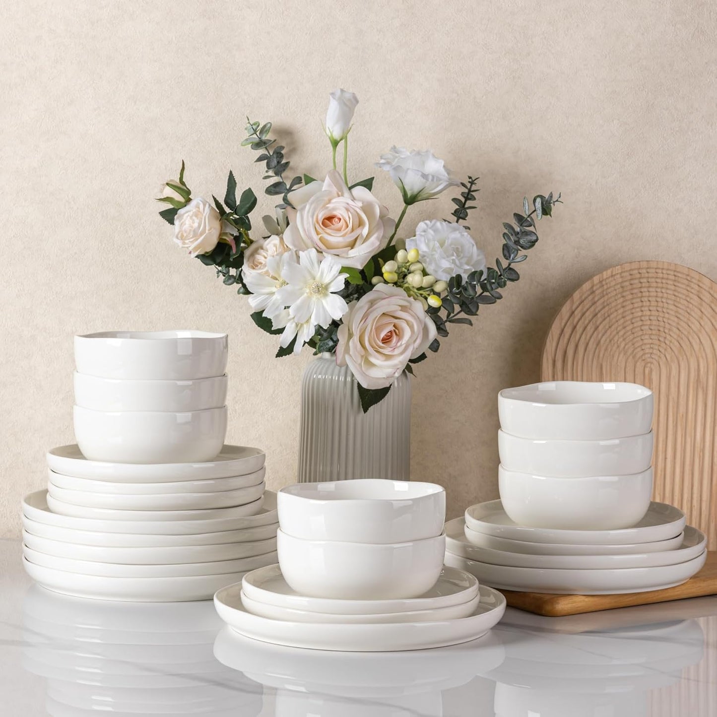 LERATIO Ceramic Dinnerware Sets for 8,Handcraft Wavy Rim Stoneware Plates and Bowls Sets,Highly Chip and Crack Resistant | Dishwasher & Microwave & Oven Safe Dishes set,Service for 8(24pc)-Pearl White