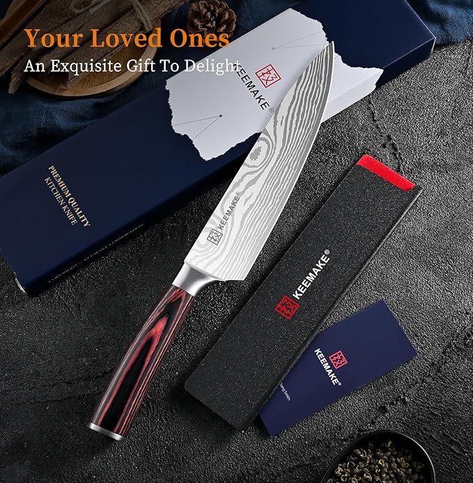 KEEMAKE Chef Knife 8 Inch - Ultra Sharp Kitchen Knife 1.4116 High Carbon Stainless Steel Blade, Ergonomic Handle, Professional Meat Knife for Home Cooking & Chefs, w/Sheath & Gift Box