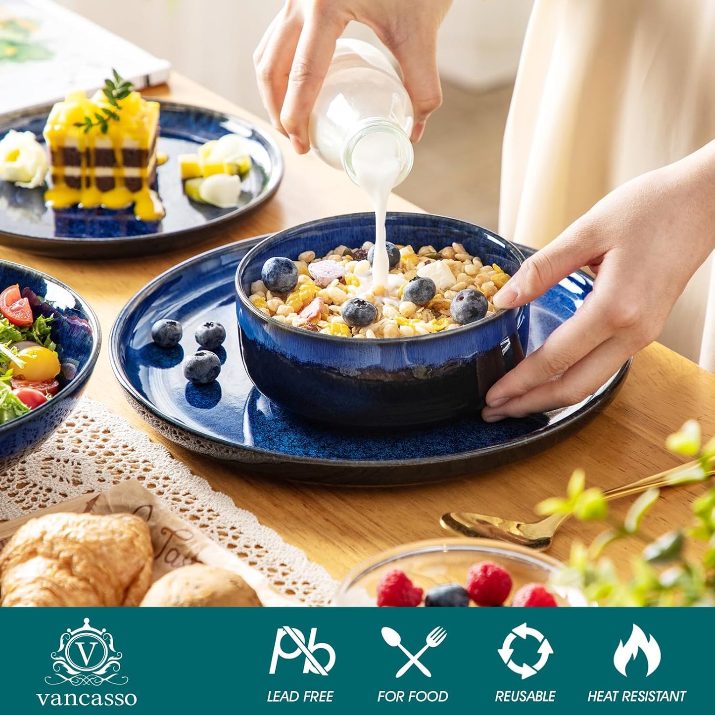 vancasso Starry Plates and Bowls Sets for 6, 24 Pieces Dinnerware Sets, Blue Reactive Glaze Dishes Sets for Kitchen, Scratch Resistant Stoneware Dishes Set, Dishwasher and Microwave Safe