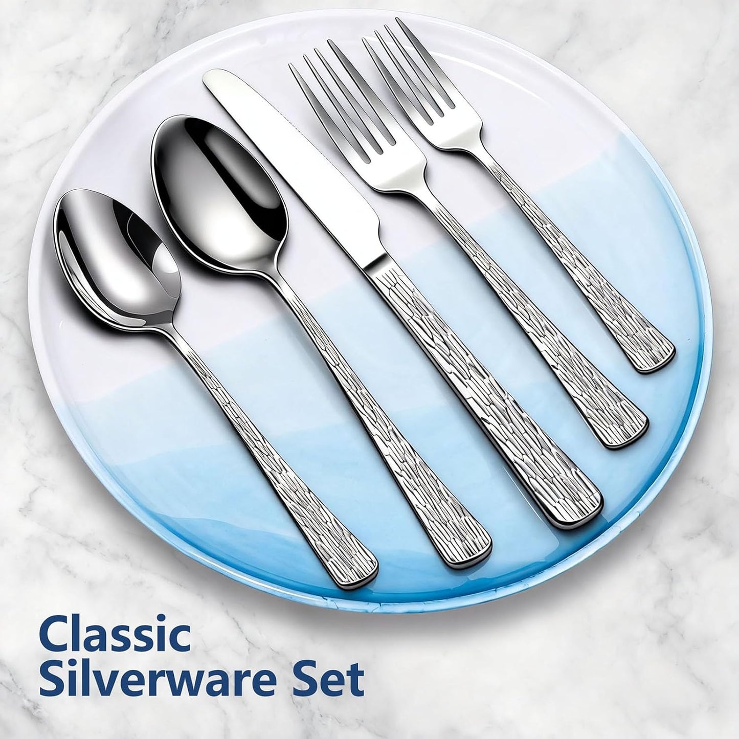 Yoehka 60-Piece Hammered Silverware Set for 12, Stainless Steel Flatware Set with Tree Pattern Handles, Mirror Polished Cutlery/Utensils Set for Home, Restaurant, Hotel, Dishwasher safe