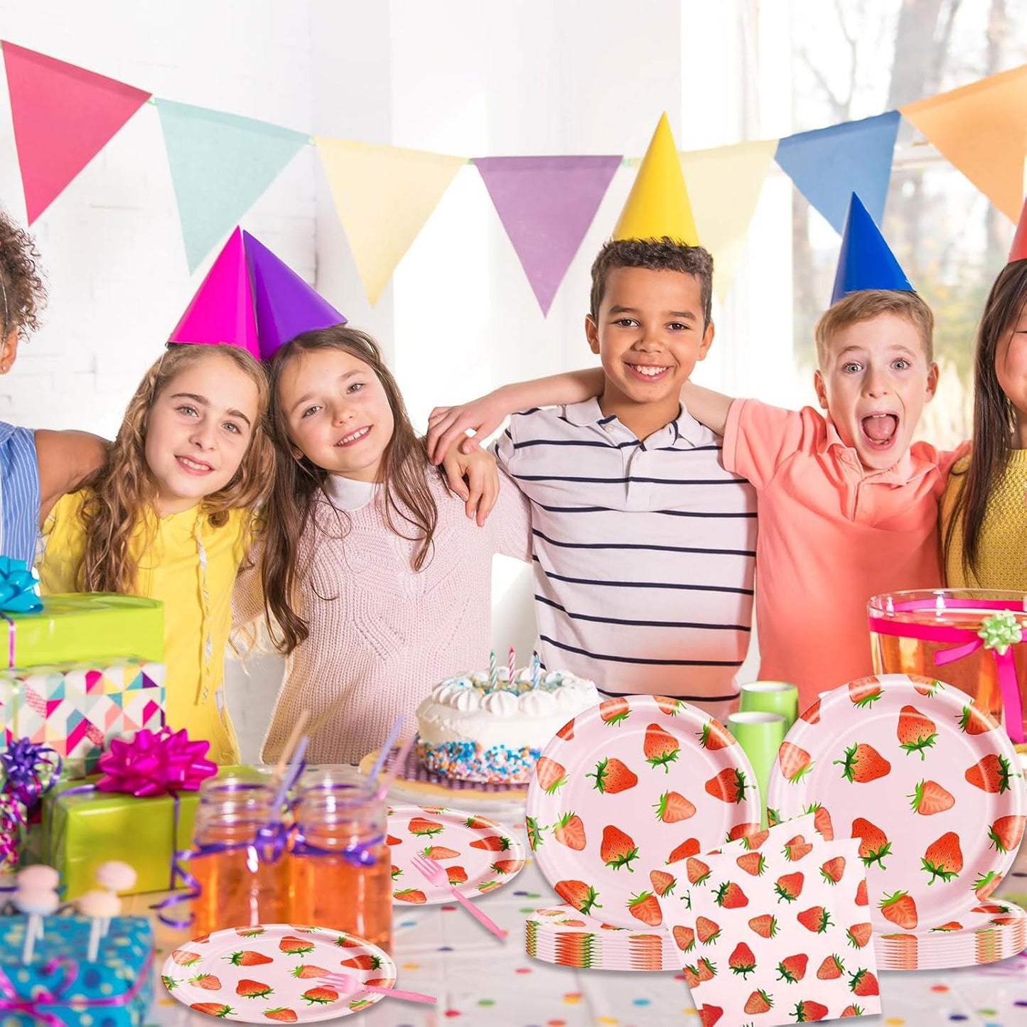 DTDO 96 Pcs Strawberry Tableware Set Disposable Paper Plates Napkins and Forks Fruit Party Decoration Strawberry Themed Birthday Dinnerware for Girls Birthday Decorations, Serves 24