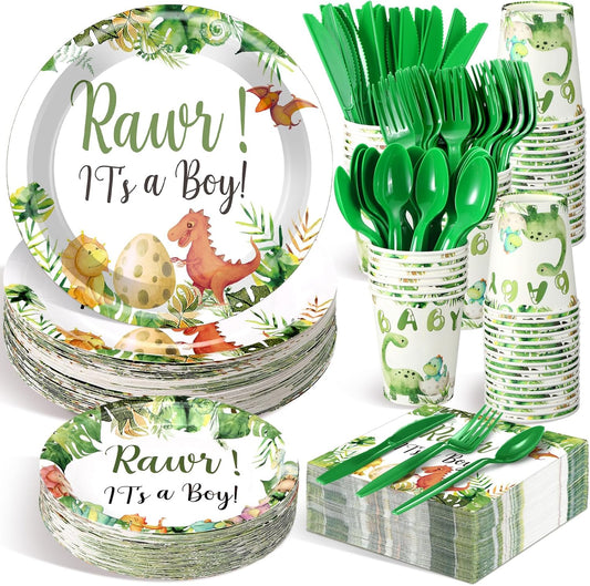 Dandat 350 Pcs Baby Shower Plates Set Baby Shower Party Supplies Serves 50 Tableware Sets Include Plates Napkin Cup Forks Knives Spoons Disposable Dinnerware(Dinosaur,Green)