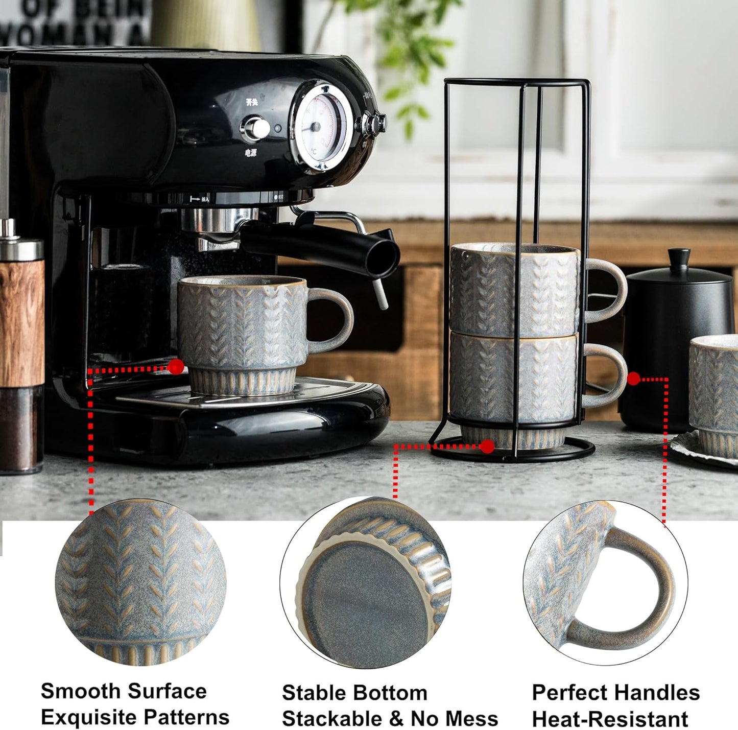 Coffee Mugs Set of 4 with Spoons & Stand, Stackable Espresso Cups 13oz Coffee Mug for Drinks Latte Cappuccino Tea, Coffee Cup for Women Men Couples Housewarming Birthday Gift, Dishwasher Safe