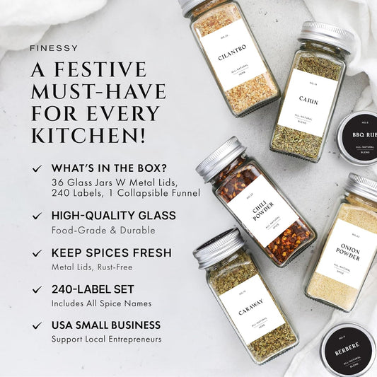 Glass Spice Jars with Labels with Metal Lids and Shakers Farmhouse 36 Pack Set, 4oz Small Clear Empty Spice Bottles Seasoning Containers with Label Organizer Square Herb Seasoning Jars for Kitchen