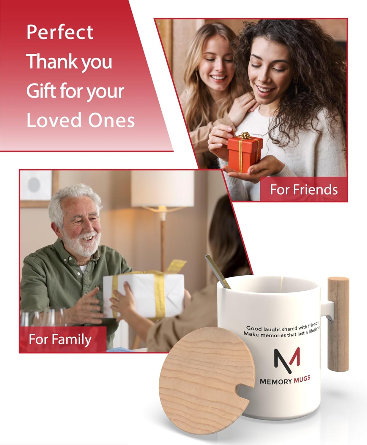 Ceramic Coffee Mug with Lid & Spoon – Large Tea Cup with Lid for Hot Drinks – Friendship Quote Mug for Women or Men – Reusable Coffee Cup – Unique Novelty Coffee Mug, Microwave Safe