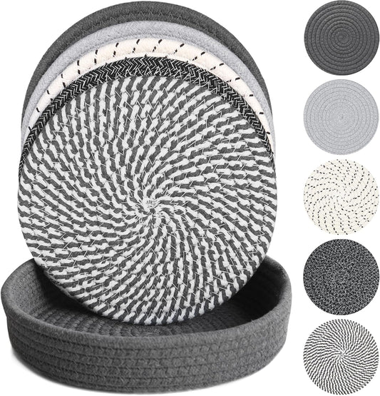 10 Inch Trivets for Hot Dishes, Hot Pots and Pans, Extra Large Thick Heat Resistant Large Coaster, Hot Pads, Kitchen Essentials, Pot Holders for Countertop with Storage Basket, 5 Pcs