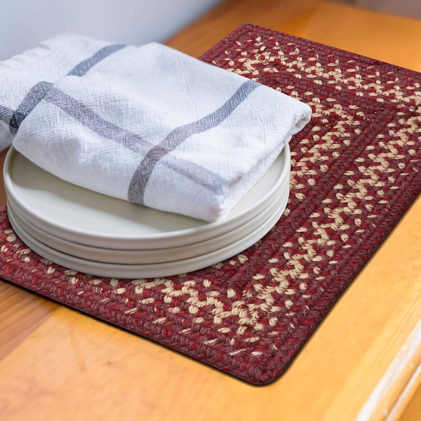 Autumn Maple Jute Braided Placemats for Table, Set of 4-10x15, Rectangle, Burgundy and Tan - Vibrant Colors, Durable, Easy to Clean and Protects Furniture