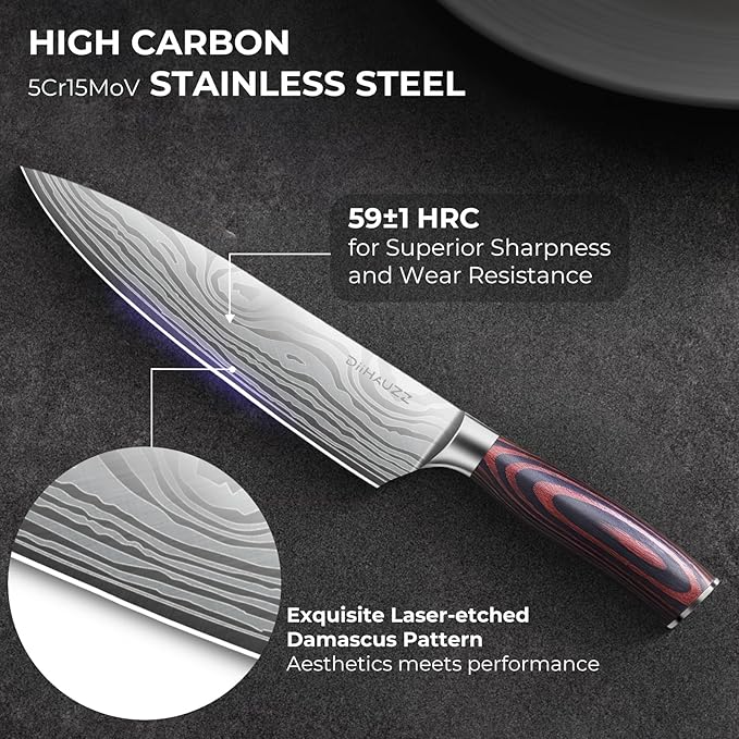 Chef Knife, 8 Inch Kitchen Knife, Ultra Sharp High Carbon Stainless Steel for Professional and Home Chefs with Ergonomic Handle, Roll Forged Utility Knife with Sheath and Gift Box