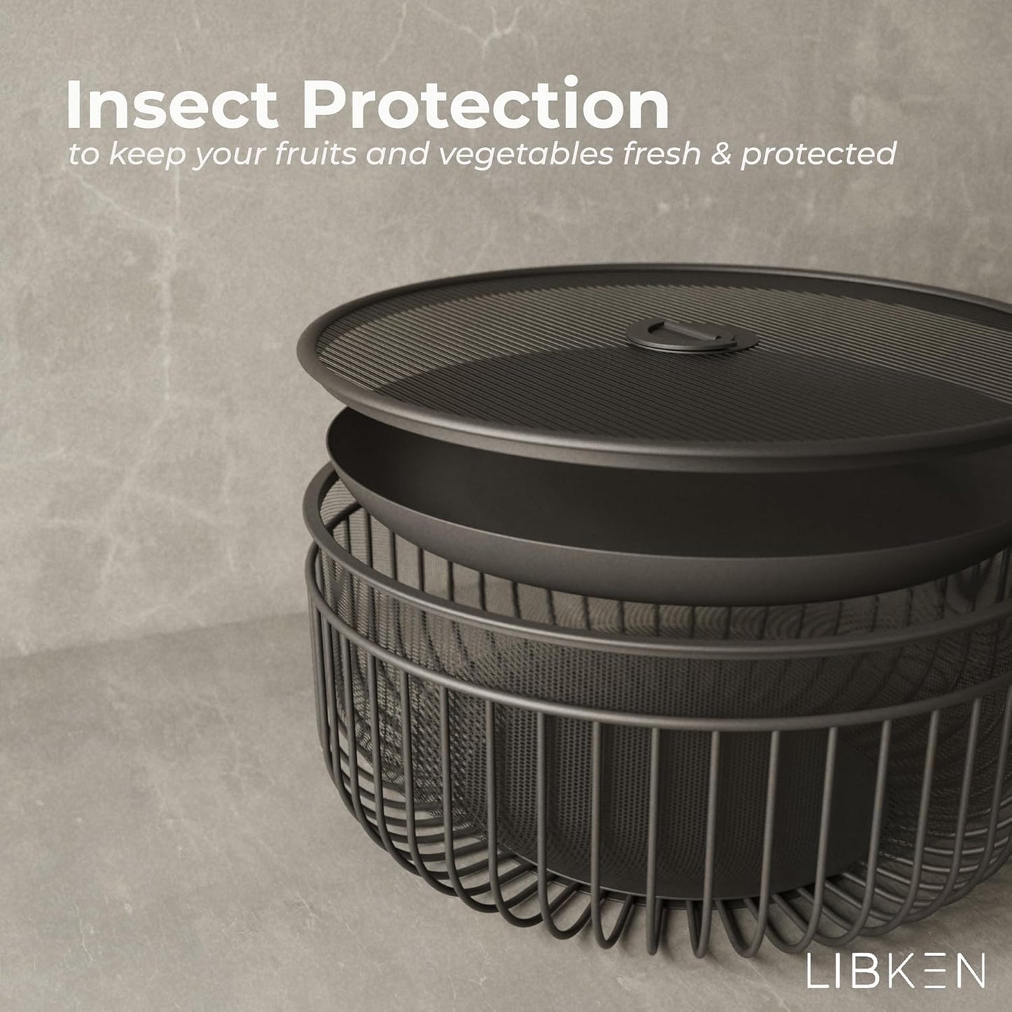 Metal Fruit Bowl with Mesh Lid and Basket - Fruit and Vegetable Holder For Kitchen Counter - Countertop Display Baskets Organizer - Bowl Storage for Veggie, Fruits, Snack, and Banana - Black