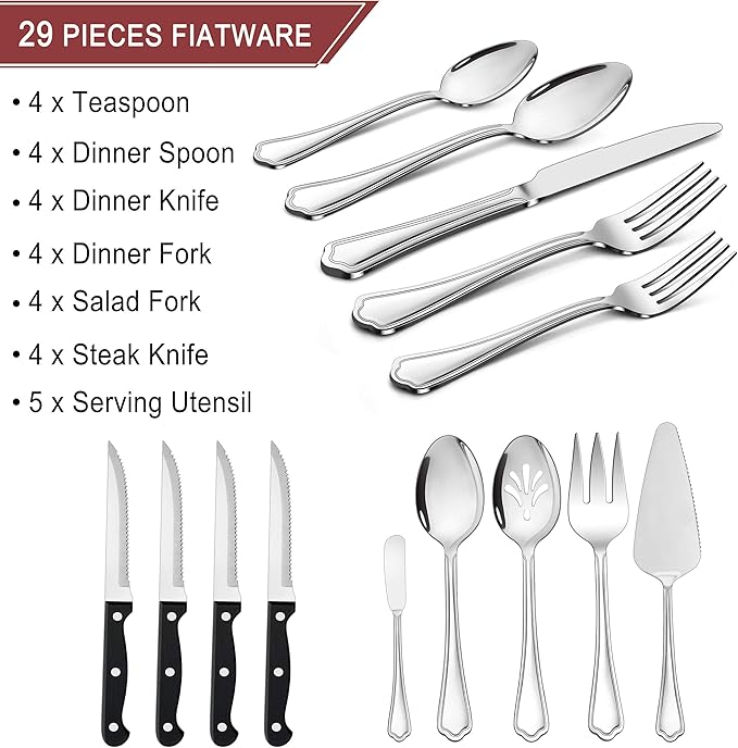 LIANYU 29-Piece Silverware Flatware Set for 4, Plus Steak Knives and Serving Utensils, Stainless Steel Cutlery Set, Eating Utensils Tableware with Scalloped Edge, Dishwasher Safe