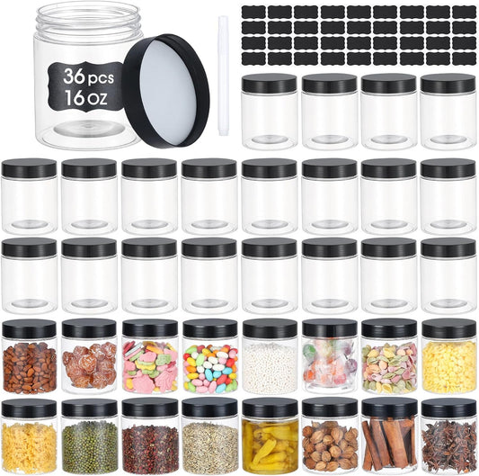 36PCS16OZ Plastic Jars with Screw On Lids, Labels Refillable Empty Round Slime Containers for Storing Dry Food, Honey Jam, Cream, Butter, Lotion (matte black)