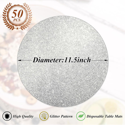 50 Pieces Silver Glitter Paper Place Mats Sparkle Round Disposable Table Mats Silver Sequin Doilies Decorative Placemats for Wedding Banquet Party Home Dining Tableware