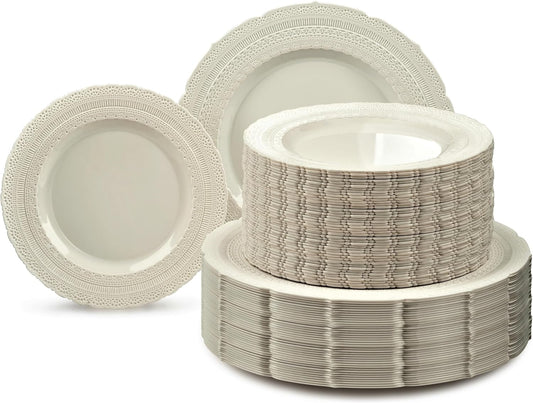 " OCCASIONS " 240 Plates Pack,(120 Guests) Extra Heavyweight Vintage Wedding Disposable/Reusable Plastic Plates 120x 11'' Dinner + 120 x 8.25'' Salad/Dessert Plate (Chateau Ivory)