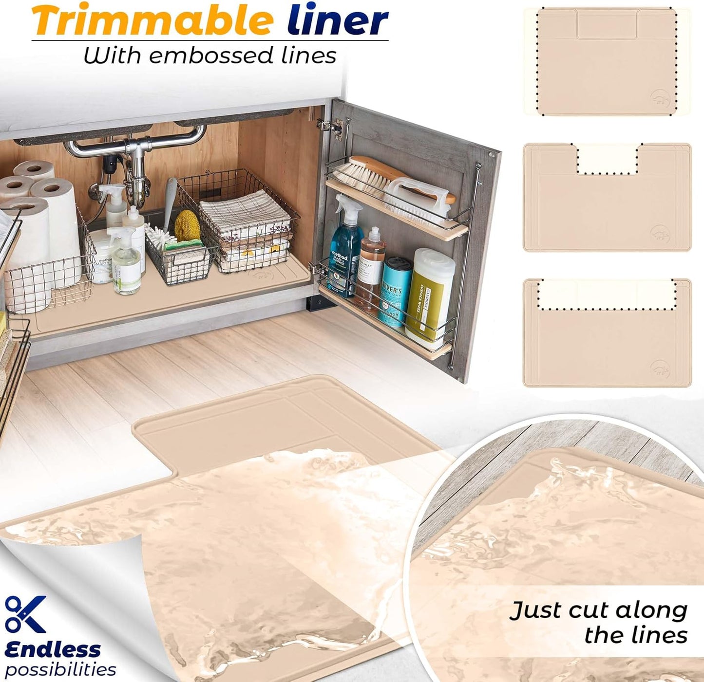 The Original Under Sink Mat - Silicone Waterproof mat, Adjustable, Easy to Clean, Kitchen Cabinet Liner, Disifenction Surface - 31" x 22" or Smaller (Beige, 31" x 22")