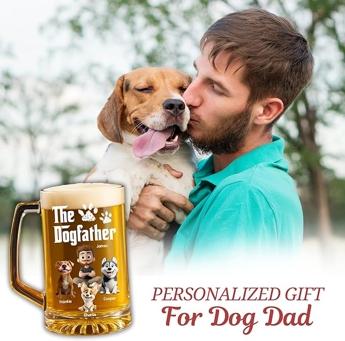 Wrappiness Gift for Dad - Cool Dog Father Personalized Beer Glass With Handle, Custom Breeds and Man Appearance Lovely Fathers Day Pet Papa Gift for Men Pet Lovers, Cute Puppy Owner Drinking Cup