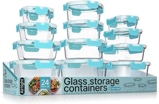 Bakken Borosilicate Glass Food Storage Containers with Lids 24 Pieces, BPA-Free Stackable Lunch & Leftover Containers, Microwave, Freezer & Dishwasher Safe, 100% Airtight Leak-Proof, Aqua