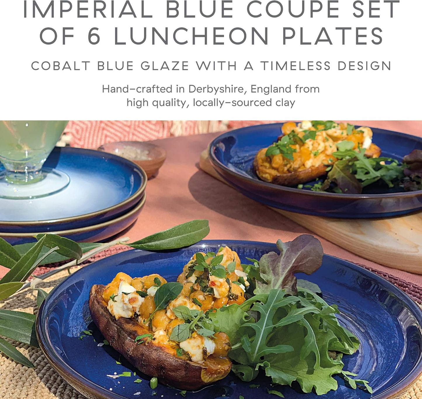 Denby - Imperial Blue Coupe Salad Plates Set of 6 - Dishwasher Microwave Oven Safe - Scratch Chip Resistant Medium Lunch, Appetizer, Dessert Plates - 8.25 Inch Ceramic Stoneware Dinnerware Set