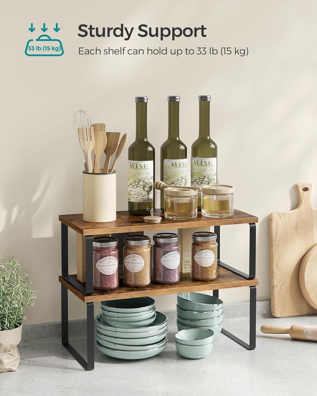 SONGMICS Cabinet Organizer Shelf, Set of 4 Kitchen Counter Shelves, Kitchen Storage, Spice Rack, Stackable, Expandable, Metal and Engineered Wood, Ink Black and Rustic Brown UKCS022X01