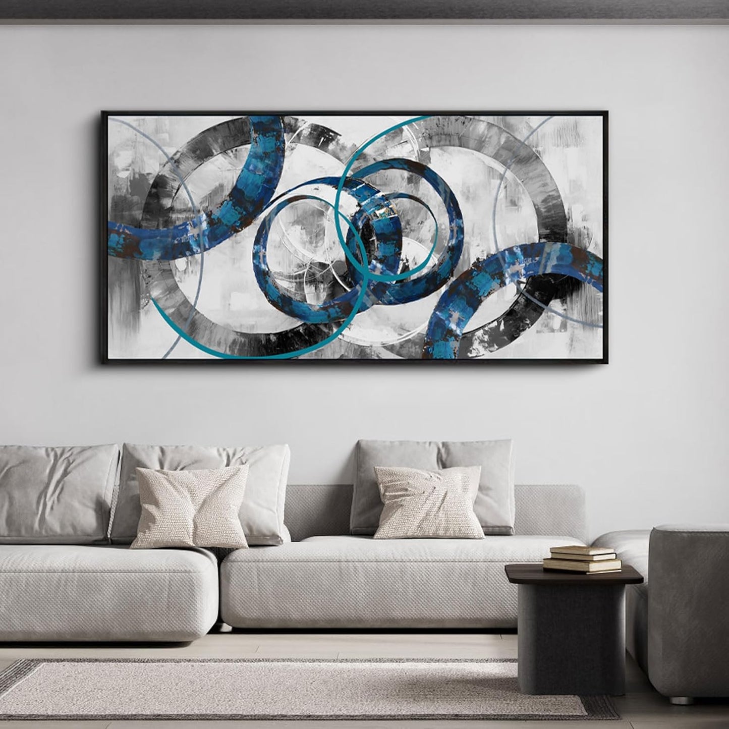 XLSJERST Large Frame Wall Art Blue Abstract Canvas - Modern Art Decor Pictures for Living Room Bedroom Office Gray and White Paintings Artwork Size 24x48 Inches